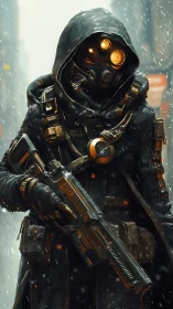 Snowfall cloaks a cybernetic hunter in rusted neon armor