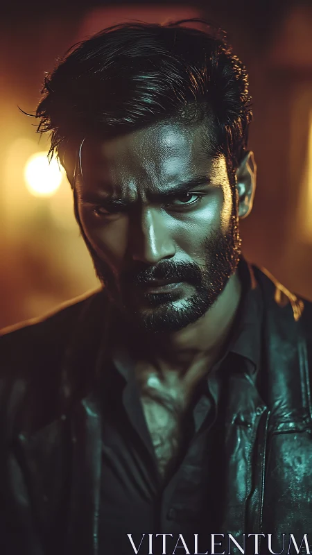 Intense cinematic portrait with teal orange rim lighting.