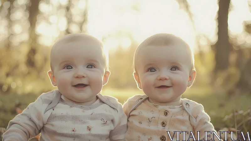 Twin infants portrait with backlighting and bokeh atmospheric effects