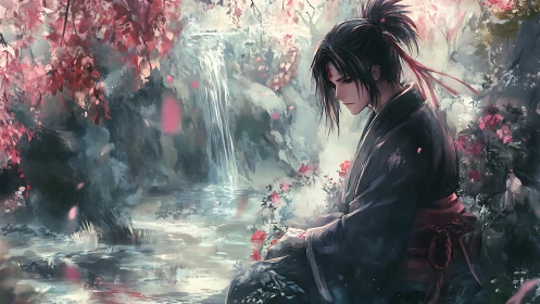 Quiet samurai daydream beside a misty blossom waterfall.