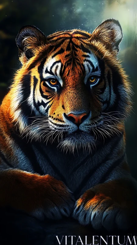 Majestic tiger rests in dramatic rim light forest glow