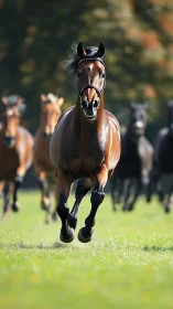 Galloping bay horse leads herd across sunlit pasture.