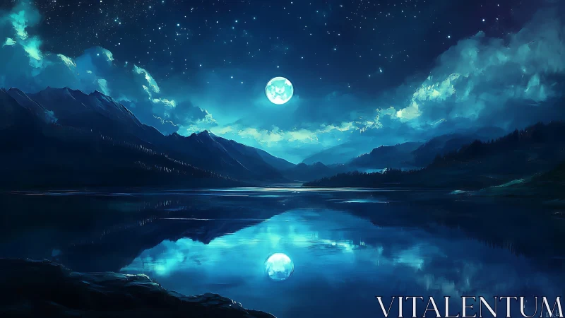 Moonlit mountain lake glows softly beneath a starry sky
