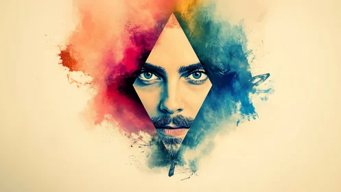 Vivid geometric portrait merges emotion with dual color clouds