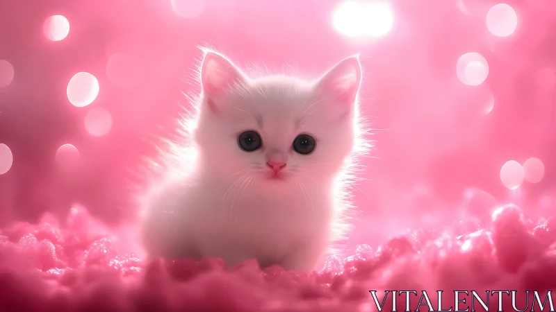 White Kitten Surrounded by Pink Cloud Dreamscape.