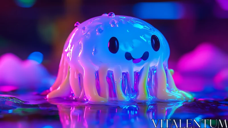 Smiling neon jelly creature glows under reflective puddle lights