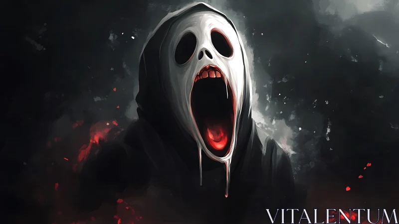 Hooded white mask with gaping mouth in dark smoke.