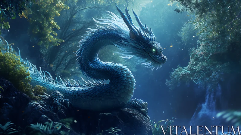 Bioluminescent forest dragon rendered with fine scale texturing and mist
