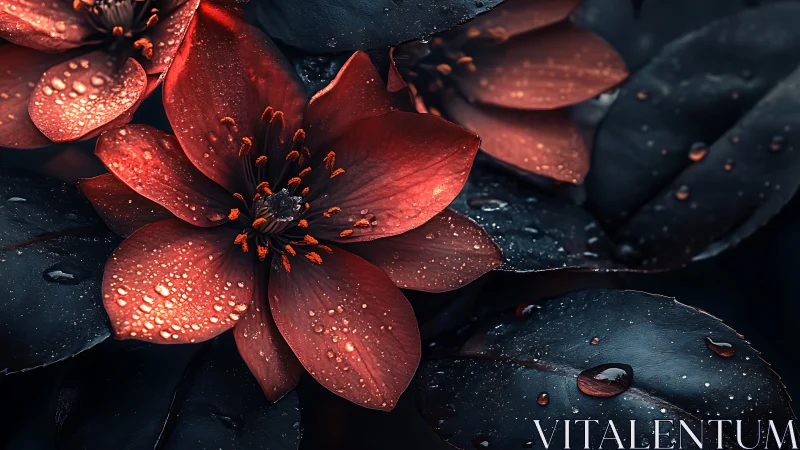 Crimson petals dance through glittering shadow.