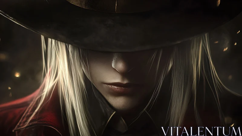 Mysterious long haired figure in wide brim hat and coat.