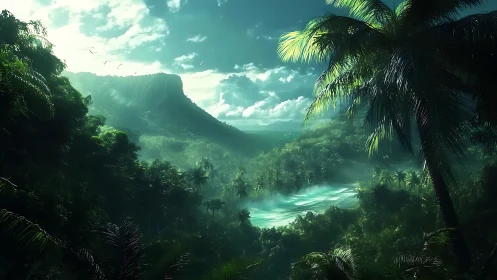 Emerald mist valley where restless jungle meets shining surf.