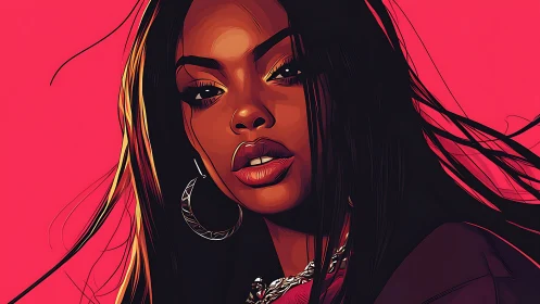 Digital portrait shows woman’s face against uniform pink background