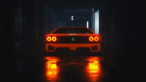 Rear view shows illuminated sports car in dark tunnel