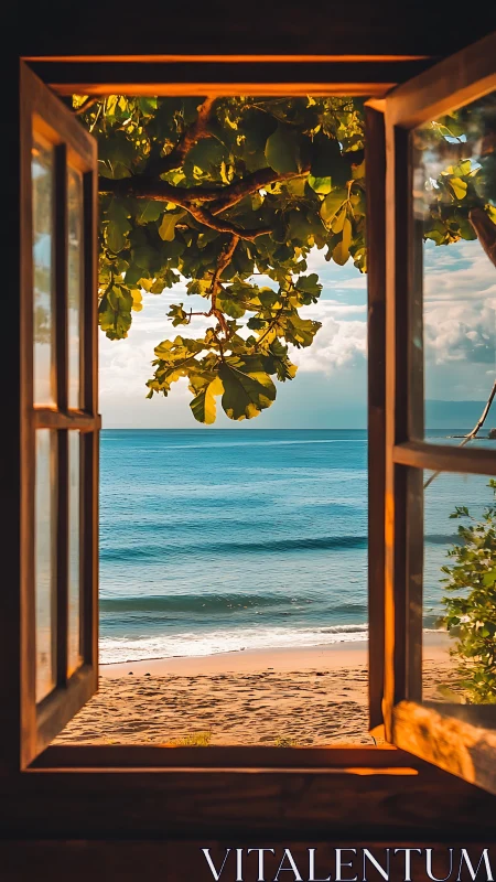 Sunlit wooden window framing tropical beach and calm sea