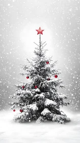 Snowy Christmas tree glowing softly with bright red accents.