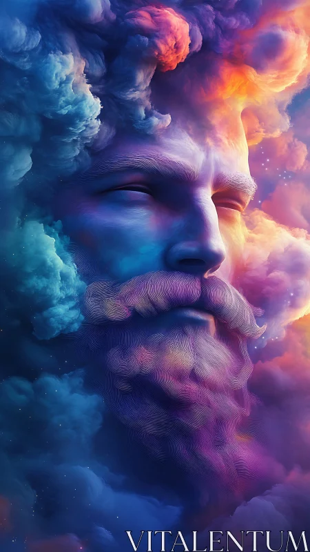 Male bearded face merged with multicolored cloud formations.