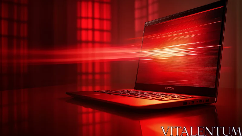 Red performance laptop with motion streaks on screen.