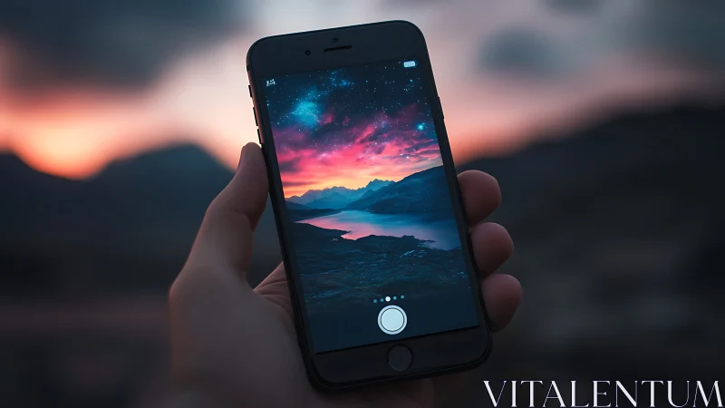 Mobile device capturing alpine twilight landscape with stellar overlay.