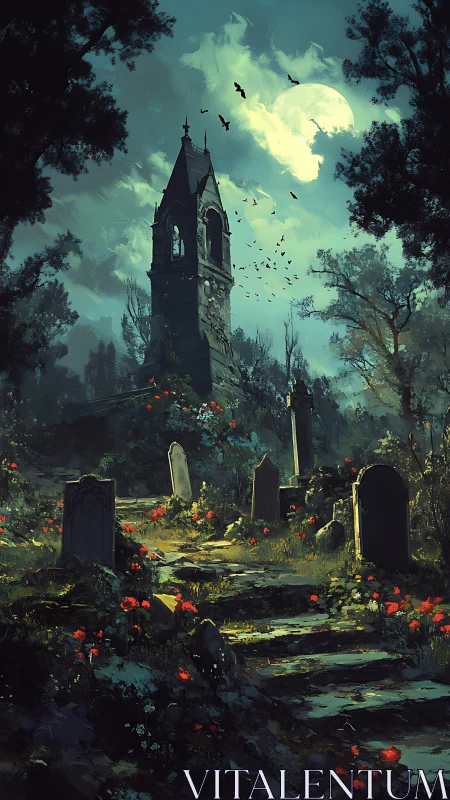 Moonlit graveyard path leads toward crumbling bell tower