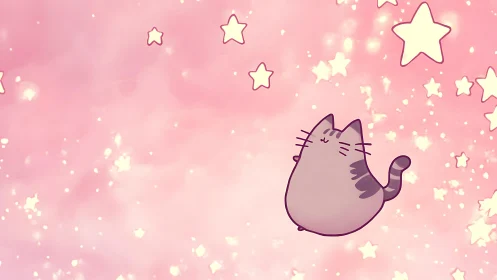 Stylized Cat Reaches Upward Among Glowing Stars on Pink Background