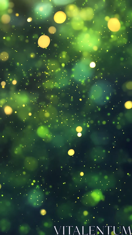 Glowing golden bokeh lights drift softly in lush green haze