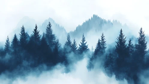 Misty coniferous forest landscape with layered mountain terrain