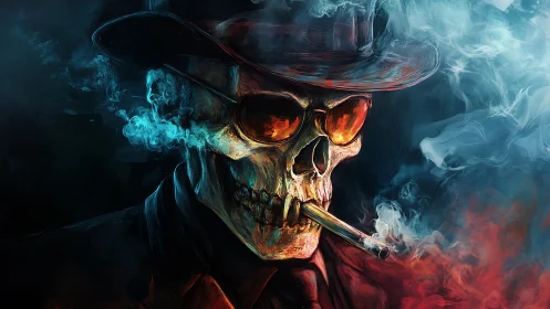 Skull in suit and hat with cigar amid colored swirling smoke.