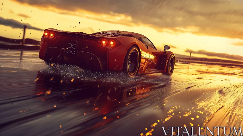 Golden-hour supercar glides along a rainy coastal highway