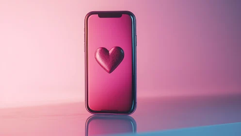Smartphone Display Featuring Glowing Heart Icon on Pink Screen.
