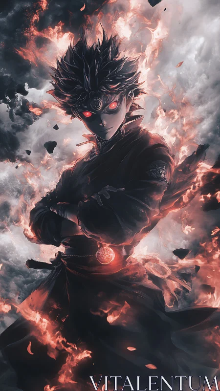 Dark anime warrior with glowing red eyes in swirling fire.