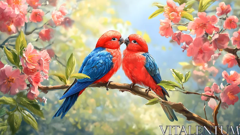 Two Vibrant Parrots on Blossom Branch, Digital Painting Style.