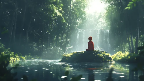 Solitary meditator overlooks misty forest waterfall pool.