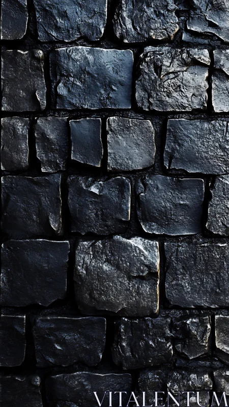 Dark basalt stone wall exhibits glossy wet specular reflections