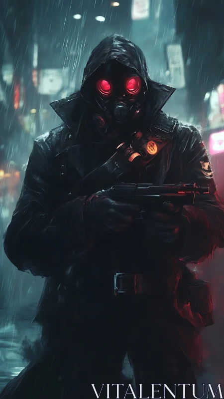 Cyberpunk enforcer in neon-soaked urban rain scene composition.
