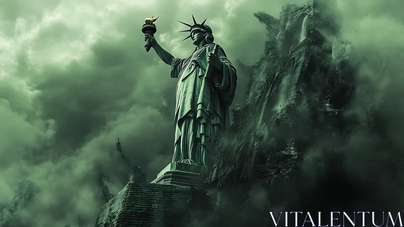 Post-apocalyptic Liberty monument in toxic atmospheric shroud.