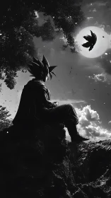 Brooding warrior silhouette beneath a fractured moonlit sky.