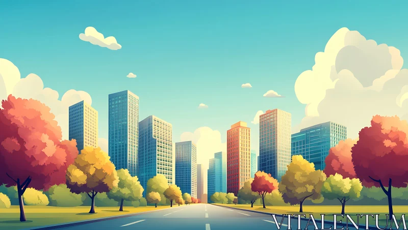 City street runs between tall glass towers and autumn trees