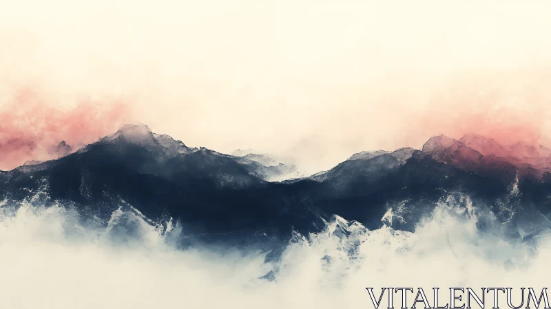 Soft dawn mist drifts across tranquil indigo mountain peaks