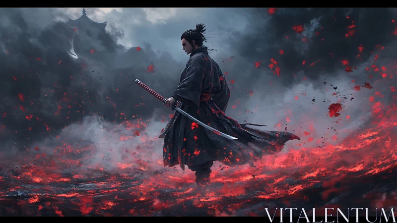 Lone samurai walks a storm of embers and gathering ghosts.