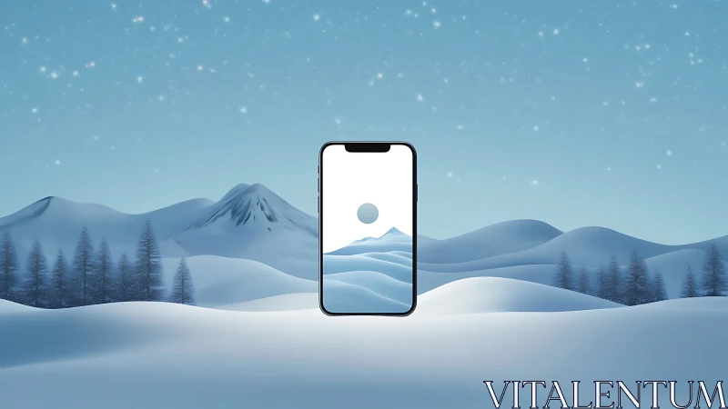 Smartphone mockup over stylized snowy winter landscape.
