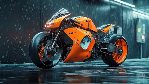 Neon rain racer poised in a midnight alleyway storm.