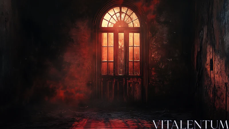 Blood-ember doorway brooding inside a forgotten corridor.