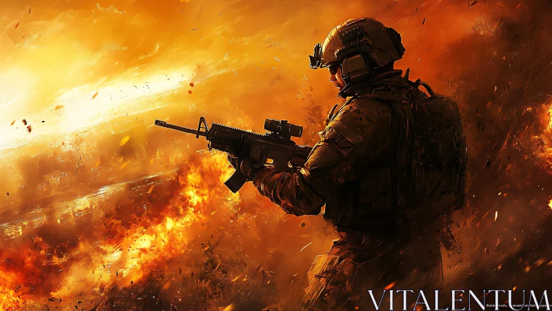 Digital painting of soldier silhouetted in infernal battlefield light.