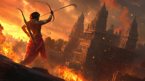 Warrior archer at sunset defending a burning temple city.