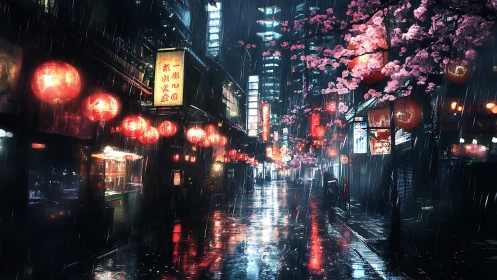 Neon city alley in rain with lanterns and cherry blossoms.