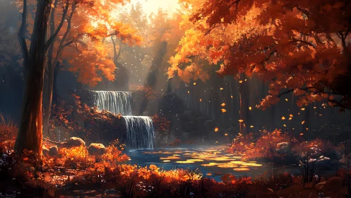Autumn forest landscape with waterfall and warm lighting