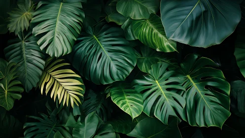 Monstera and philodendron foliage in dense arrangement.