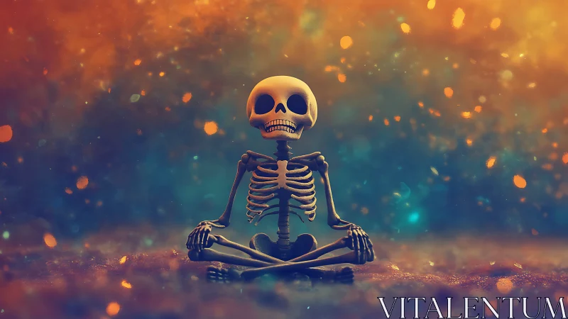 Tiny meditative skeleton grins through a nebula of fireflies