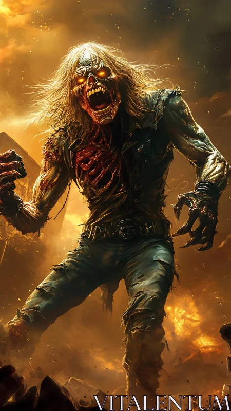 Burning wasteland undead monster with glowing eyes roaring.