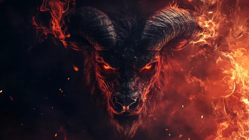 Fiery horned beast head emerging from surrounding flames.